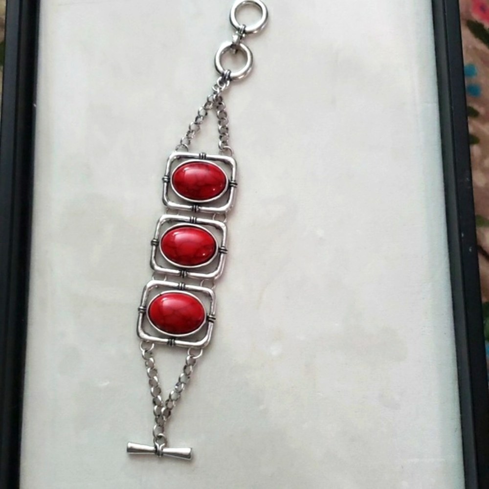 Silver Tone 3 red faux stone bracelet.